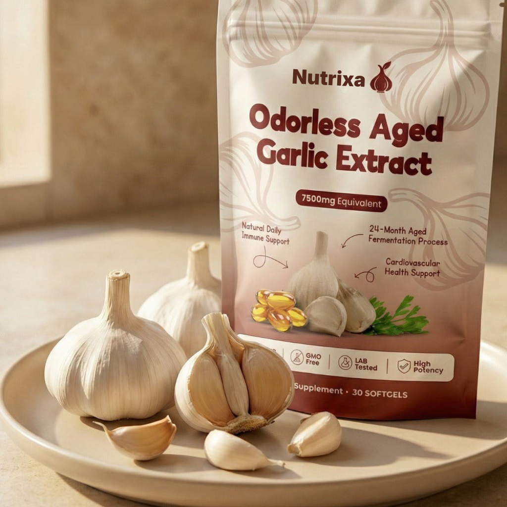 Nutrixa® | Extrakt av lagrad vitlök – 7500 mg luktfria mjuka kapslar