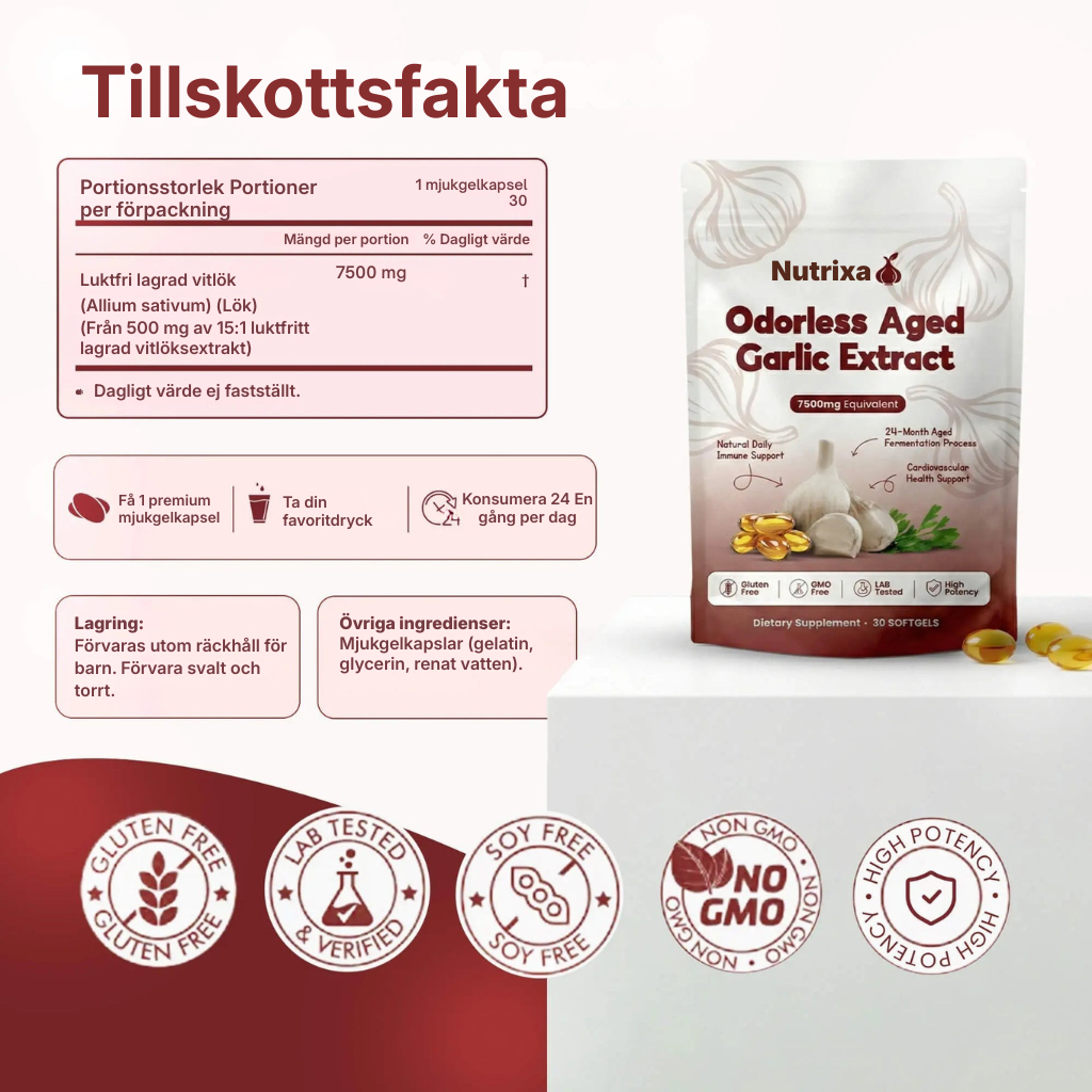 Nutrixa® | Extrakt av lagrad vitlök – 7500 mg luktfria mjuka kapslar