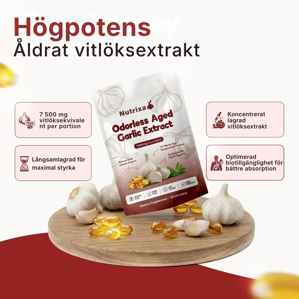 Nutrixa® | Extrakt av lagrad vitlök – 7500 mg luktfria mjuka kapslar
