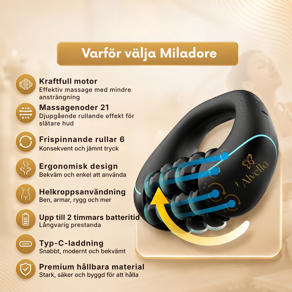 Alvella® | Automatisk djupvävnadsmassager för celluliter på lår, ben, armar och sätesmuskler
