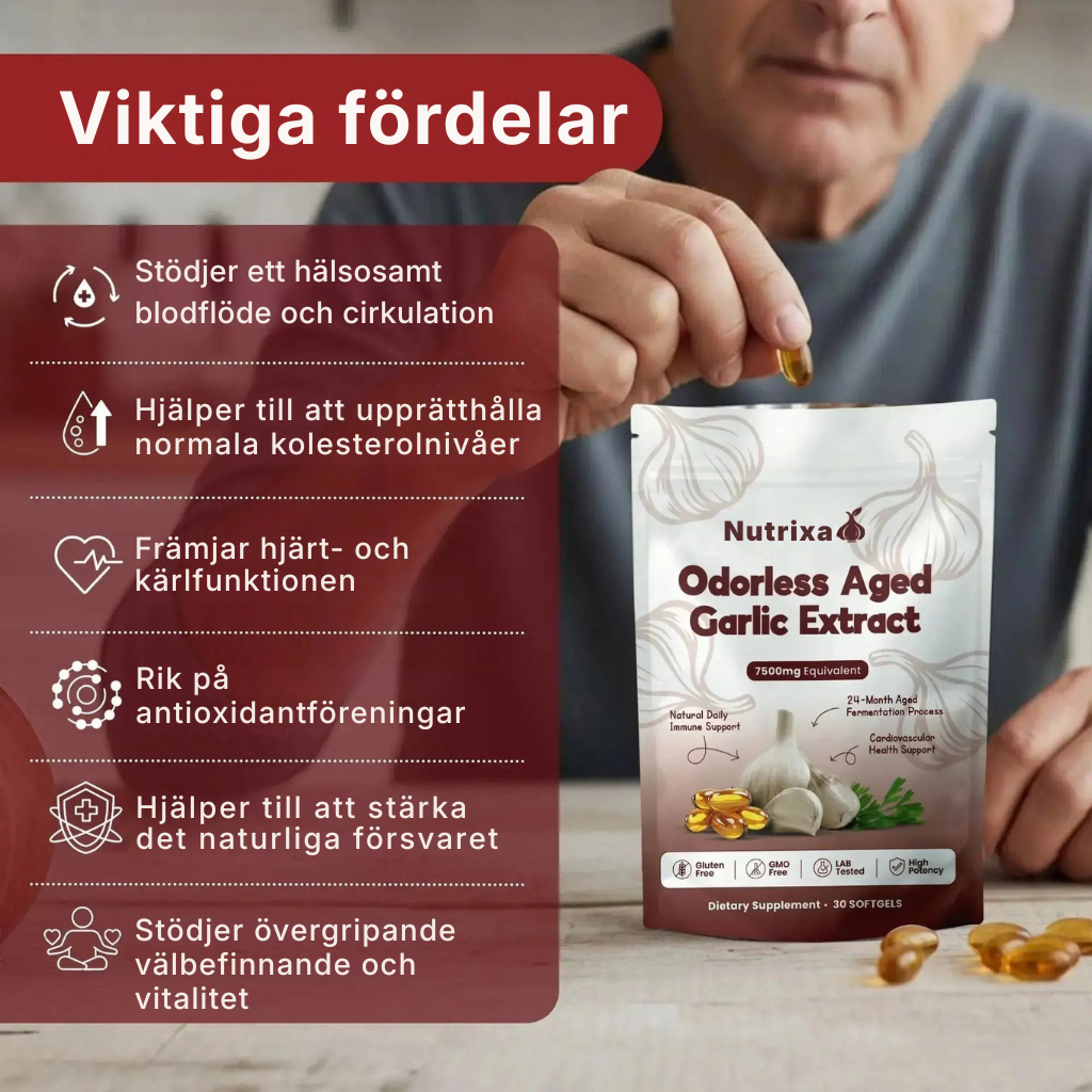 Nutrixa® | Extrakt av lagrad vitlök – 7500 mg luktfria mjuka kapslar